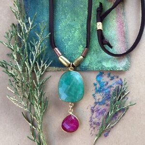 Amazonite Ruby Gold Vermeil leather cord necklace Sundance Charm